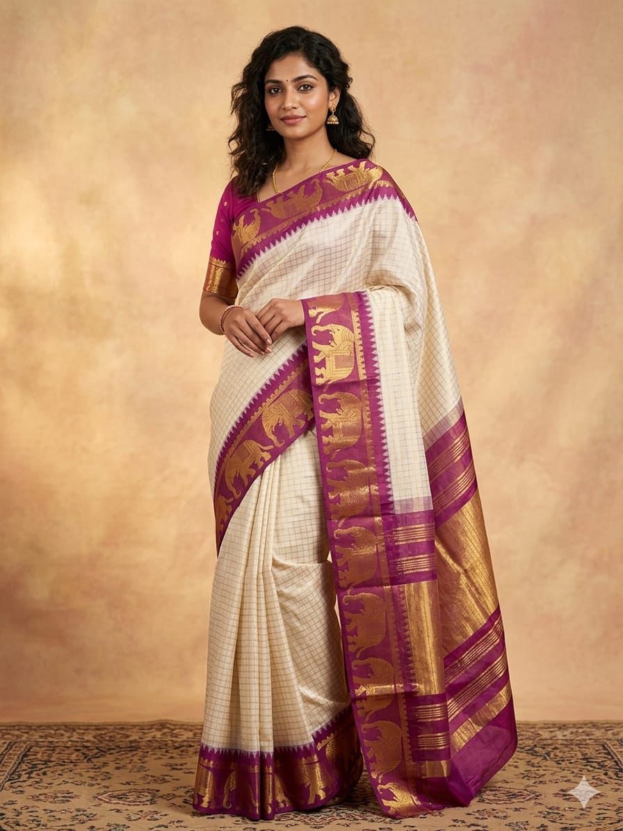 Lime Green Kanjivaram Silk Saree with Traditional Elephant Zari Border